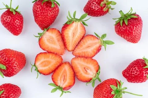Pattern of fresh strawberries on a white background Stock Photos