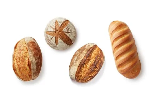 Pattern from freshly baked crunchy different types of bread on isolated Stock Photos