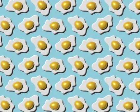 A pattern of fried eggs and yolk on a blue background, repeating, 3D render.. 스톡 일러스트