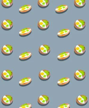 A pattern of fried eggs with greens on a plate. Grocery background. Foto stock