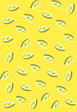 A pattern of fried eggs with lettuce leaves on a yellow background. Product v 스톡 사진