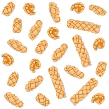 A pattern of fried squid on white background. Yellow squid sliced  Ilustração Stock