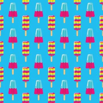 Pattern fruit and milk ice cream on stick on blue background. Seamless pattern Stock Illustration