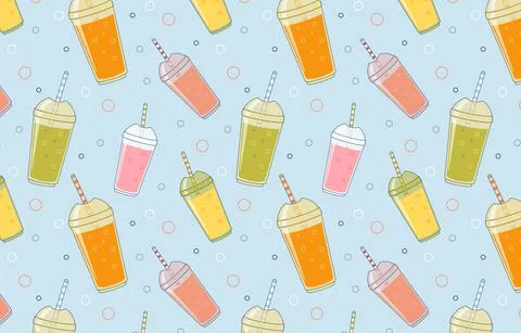 Pattern with fruit cocktails in plastic cups. Stock Illustration
