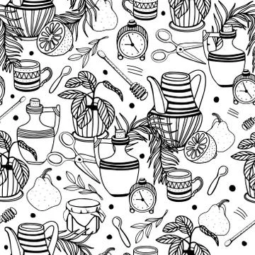 Pattern with fruit, mug, jug, honey, alarm clock, scissors, spoon, home plant Stock Illustration
