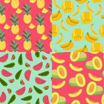 Pattern with fruits banana, pineapple, melon and watermelon. Illustrazione stock