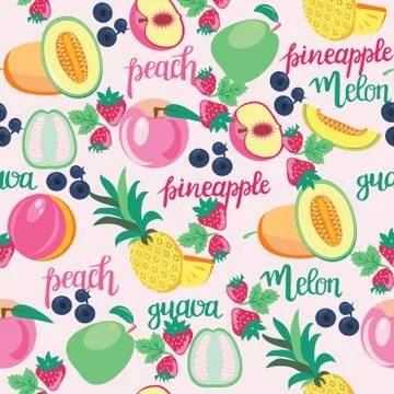 Pattern with fruits peach, guava, melon, pineapple and strawberries Stock Illustration