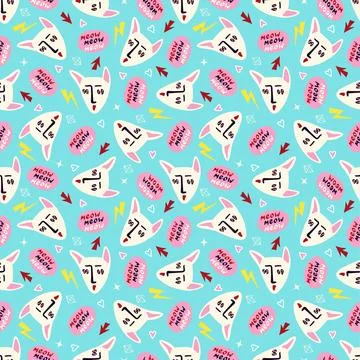 Pattern with Funky cat with a lovely face. Freaky comic cat face. Bizarre 스톡 일러스트