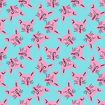 Pattern with Funky cat with a lovely face. Freaky comic cat face. Bizarre Stock Illustration