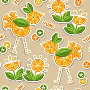 Pattern with funny bird, flowers of orange slices Stock Illustration