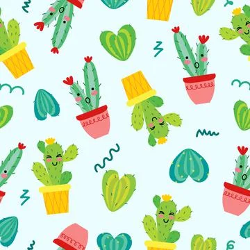 A pattern of funny cacti on a blue background. For use in printing, postcards Stock Illustration