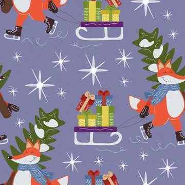 Pattern funny cartoon christmas fox Illustrazione stock