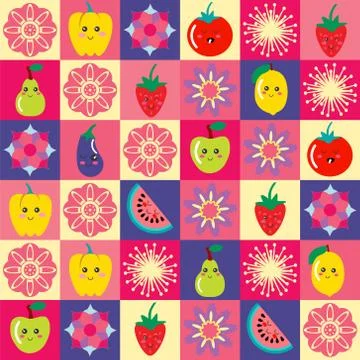 Pattern with funny cartoon flowers and set of cute Fruit and veg. Stock Illustration