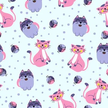 A pattern of funny cats and balls of yarn on a blue background. For use in Stock Illustration