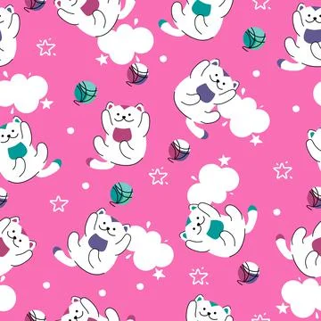 A pattern of funny cats and balls of yarn on a pink background. For use in Stock Illustration