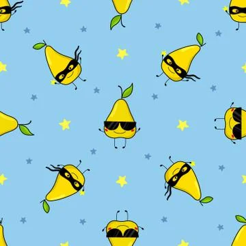 Pattern of funny pears with sunglasses and masks of superheroes. Stock Illustration