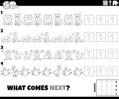 Pattern game with cartoon animals coloring book page Stock Illustration