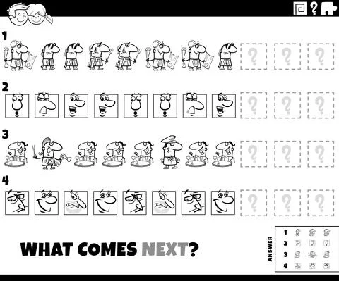 Pattern game with cartoon characters coloring book page Stockillustratie