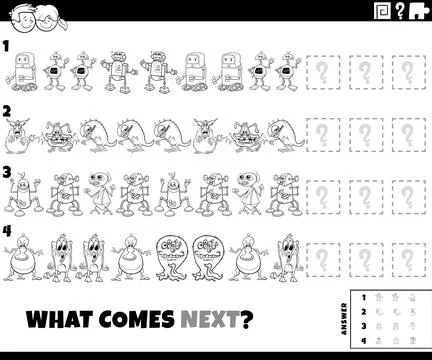 Pattern game with cartoon characters coloring page Stock Illustration