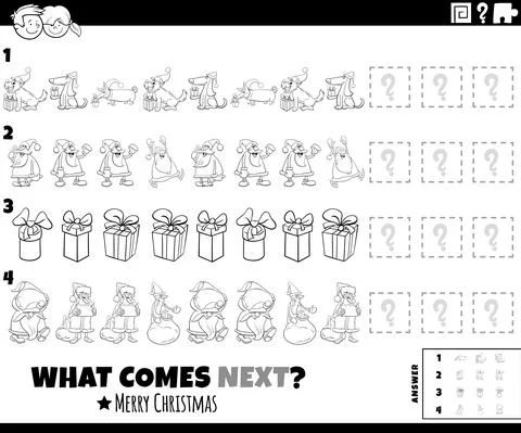 Pattern game with comic Christmas characters coloring book page Illustrazione stock