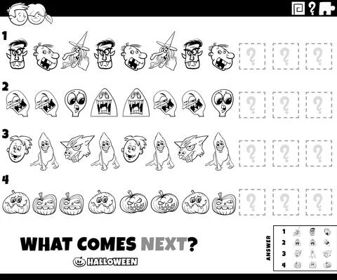 Pattern game with comic Halloween characters coloring book page Stock Illustration