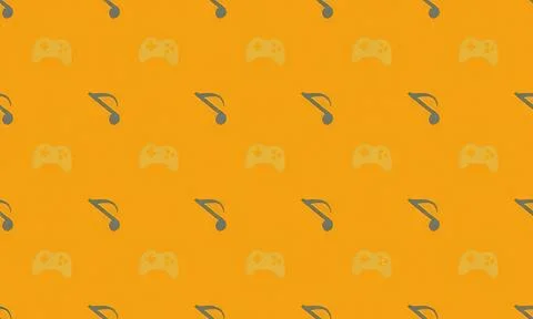 Pattern with game controllers and musical notes on orange background Stock Illustration