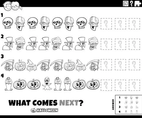 Pattern game with Halloween characters coloring book page Illustrazione stock