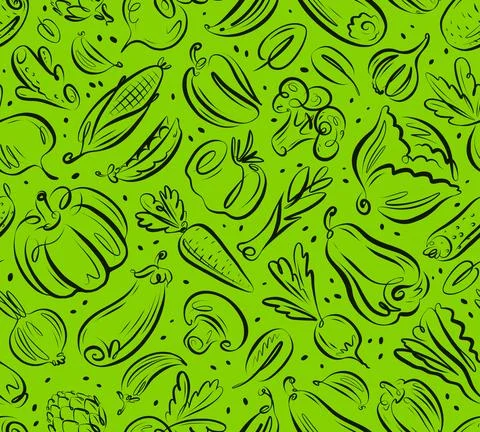 Pattern of garden vegetables and greens. Veggie seamless background. Farm food Stock Illustration