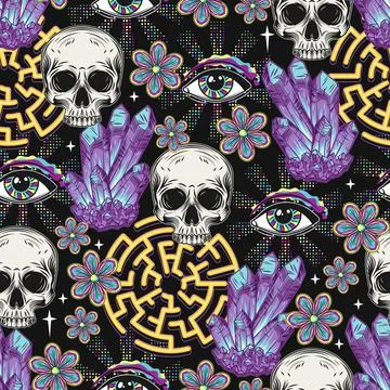 Pattern with gems, skull, crystals, eye, labyrinth Illustrazione stock
