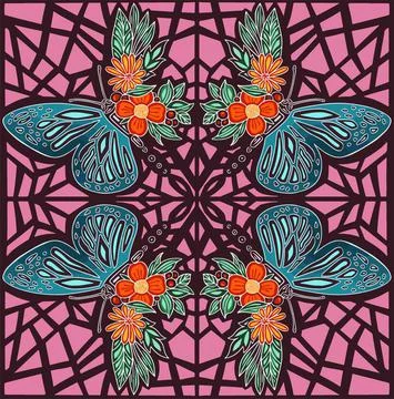 Pattern gentle butterflies on a dark background with pink geometric patterns Stock Illustration