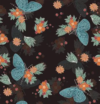 Pattern gentle butterflies on a dark background Stock Illustration