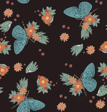 Pattern gentle butterflies on a dark background Stock Illustration