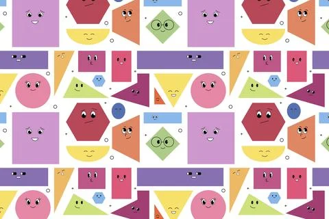 Pattern geometric comic shapes with funny faces and emotions 스톡 일러스트