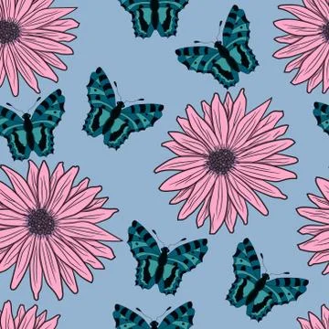 Pattern of gerberas and butterflies. vector illustration. Drawing by hand. Stock Illustration