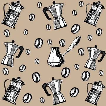 Pattern with a geyser coffee maker, a Turk and a French press drawn in the st Stock Illustration
