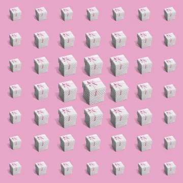Pattern of gift white paper boxes with gray dots on pink background Stock Photos