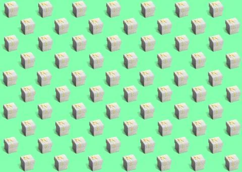 Pattern of gift white paper boxes with gray dots on light grean background Stock Photos