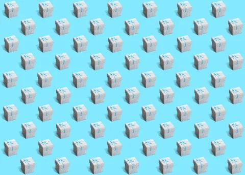Pattern of gift white paper boxes with gray dots on cyan background Stock Photos