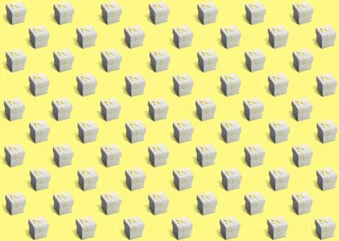 Pattern of gift white paper boxes with gray dots on light yellow background Stock Photos