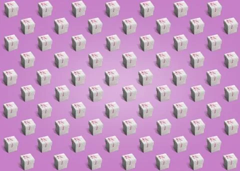 Pattern of gift white paper boxes with gray dots on purple background Stock Photos