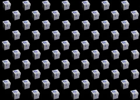 Pattern of gift white paper boxes with gray dots on black background Stock Photos
