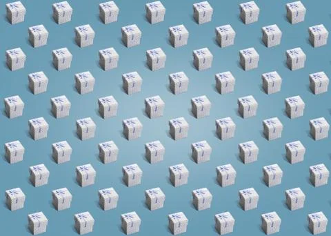 Pattern of gift white paper boxes with gray dots on blue background Stock Photos