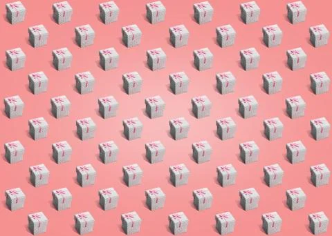 Pattern of gift white paper boxes with gray dots on peach pink background Stock Photos