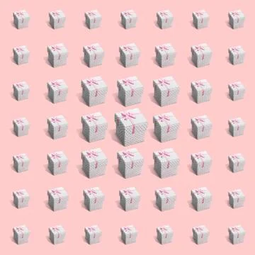 Pattern of gift white paper boxes with gray dots on salmon-colored background Stock Photos