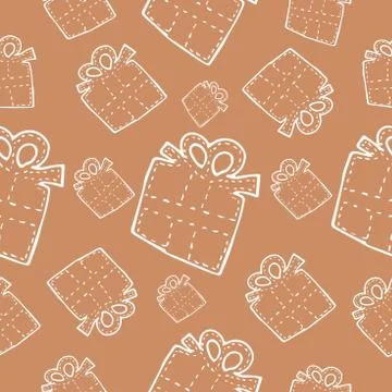 Pattern of gifts on a cream background white line in doodle style Stock Illustration