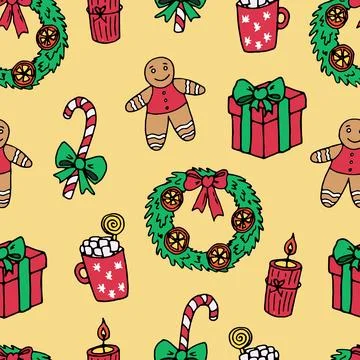 Pattern gifts, wreath, sugar cane, hot chocolate, gingerbread on beige Stock Illustration