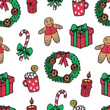 Pattern gifts, wreath, sugar cane, hot chocolate, gingerbread Stock Illustration