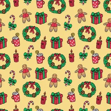 Pattern gifts, wreath, sugar cane, hot chocolate, gingerbread on beige Illustrazione stock