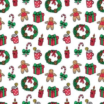 Pattern gifts, wreath, sugar cane, hot chocolate, gingerbread Stock Illustration