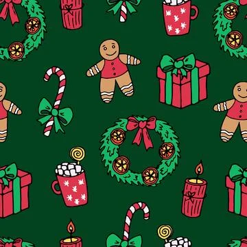 Pattern gifts, wreath, sugar cane, hot chocolate, gingerbread on dark green Stock Illustration